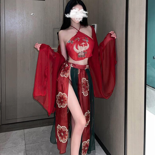 谜姬（Mizz zee）性感古风汉服睡衣服调情免脱制服诱惑装激情床上套装qqny 红色汉服套装+9756镂空网衣套装 均码 (建议80-130斤) 夫妻房事情趣助爱床上