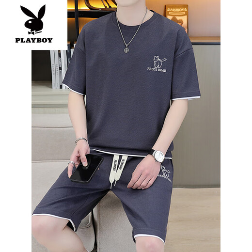 花花公子（PLAYBOY）高端休闲运动套装男士夏季短袖短裤搭配透气T恤男款夏款青少年 【套装】6182白色 M (建议95-115斤)