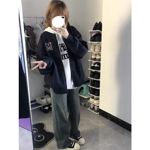 POUM American retro baseball uniform trendy brand fashion versatile pixs and handsome high street 2025 new jacket jacket men's casual top TM-W694 navy blue 3XL