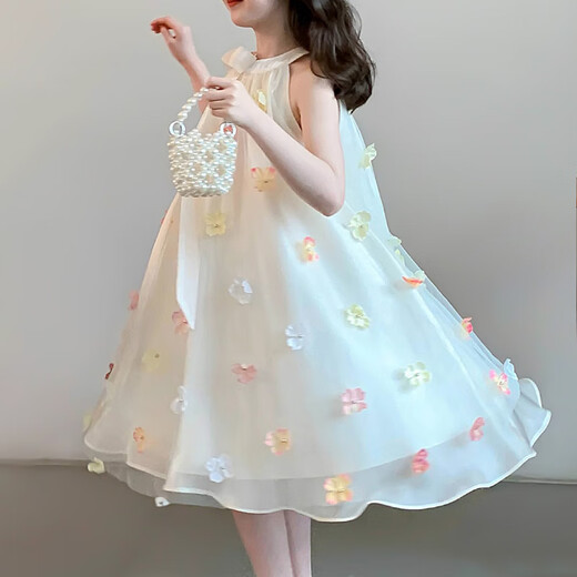 
Feiyao Girls' neck halter dress summer girl mesh princess dress baby summer 2025 new children's clothing fashionable summer neck halter flower princess dress 130 size recommended height 120