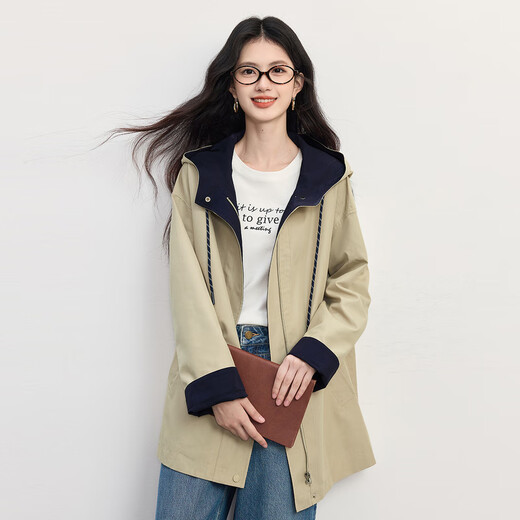 Xishi Sllsky kontrastierende Farbplaid mit Kapuze-Windbreaker-Jacke für Frauen 2025 Herbst Neue High-End-Lose-Casual-Jacke für Frauen Licht Khaki L.