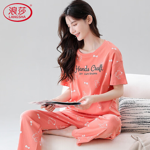 浪莎（LangSha）高档睡衣女纯棉短袖长裤甜美可外穿薄款棉女款家居服套装 Z9711 M 【建议80-100斤穿】