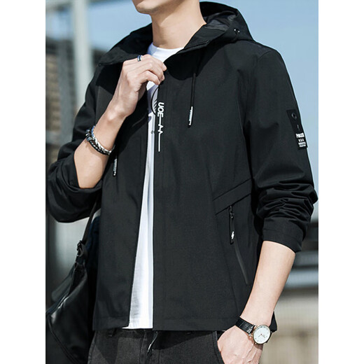 Playboy Spring Jacket Herren 2025 Neuer Frühling und Herbst mit Kapuze dünne junge lose Jacke kurzer farbiger Kleid K12131 Black M [Vorgeschlagen 100-110jin [Jin gleich 0,5 kg]]]