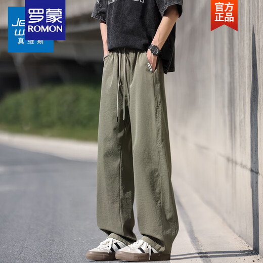 ROMON summer straight casual pants for men, loose, trendy, versatile, cool and breathable youth sports long pants CJ6636 military green XL