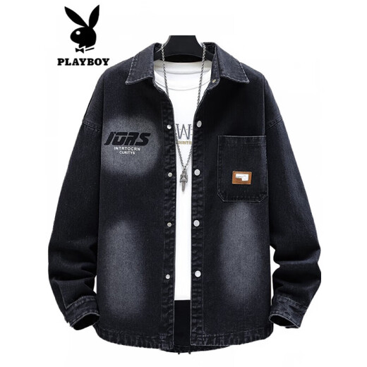 
Playboy (PLAYBOY) denim jacket spring and autumn new style junior high school boy teenagers men's handsome college jacket shirt top 9207 black (hat removable) M (90-105Jin [Jin equals about 0.5 kg])