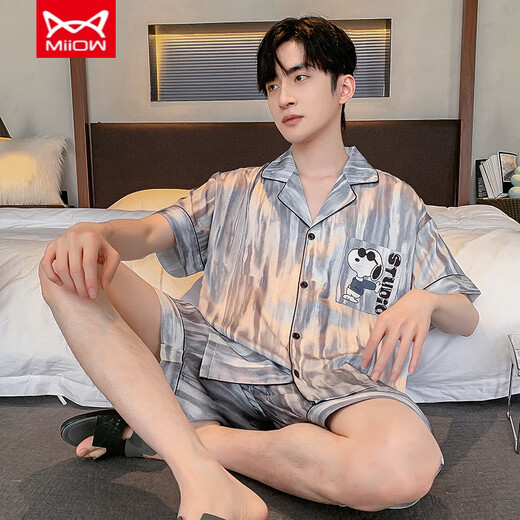 Catman (Miiow) Teenager Herren Pyjamas Sommer Cool Ice Seide Kurzarm Shorts Strickjacke Herren Dünne Lose große Heimkleidung 854# Soft Ice Seide L Männer [Empfohlen 90-120jin [Jin gleich 0,5 kg]]