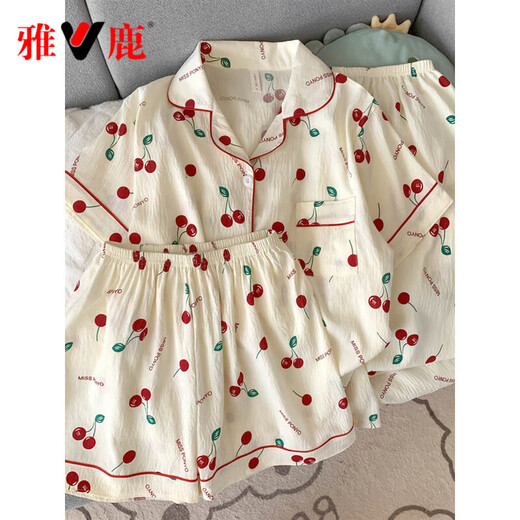Yalu Pure Cotton Gauze Pyjamas pour femmes Pantalons à manches courtes Été trois pièces Sweet Cherry Cardigan Vêtements à domicile printemps et automne Yunduo Cotton-9905 # Black Love Treece Set M [Suggestion 75-100jin [Jin est égal à 0,5 kg]]]