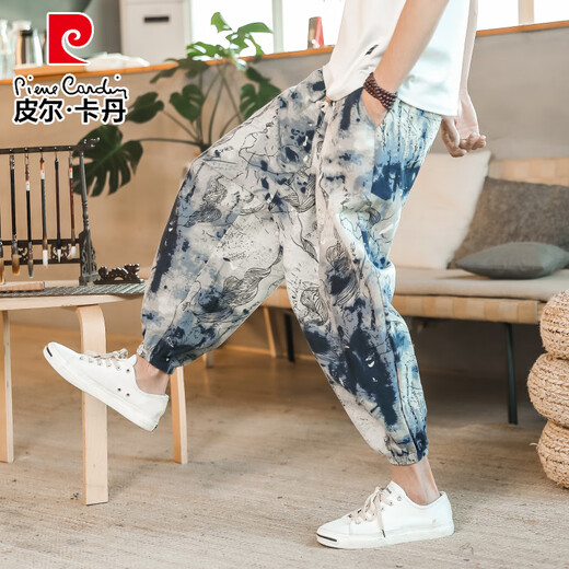 皮尔卡丹（pierre cardin）棉麻国潮时尚百搭2025新款阔腿裤男萝卜裤宽松休闲民族风束脚裤子 咖啡色 M
