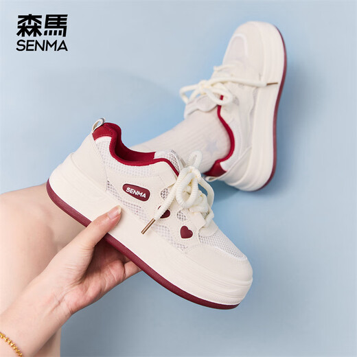 森馬小白鞋女鞋面包鞋2025新款夏季网面透气户外运动鞋增高百搭休闲鞋 米紫色 38