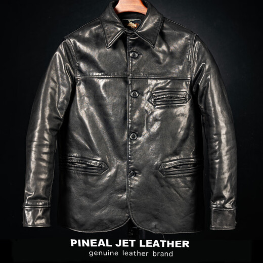 PJL new men's cowhide retro casual mid-length classic lapel cowhide brakeman black M (130Jin Jin is equal to less than 0.5kg)