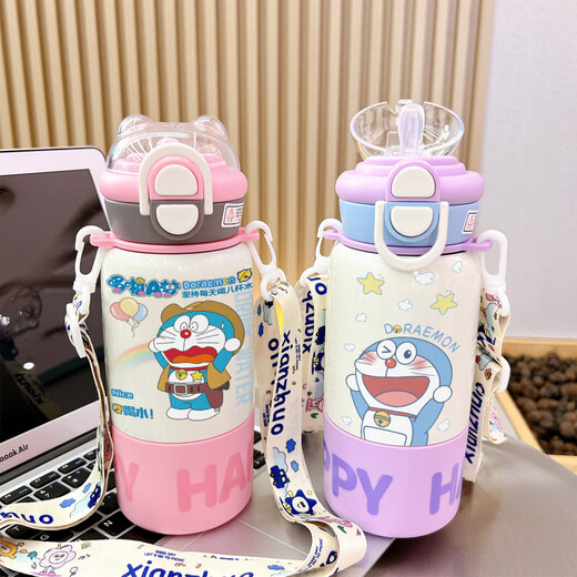 Sanrio stainless steel children's thermos cup new elementary school shoulder strap straw water cup outdoor with lid large capacity ETB679 Doraemon 500ml 500ML-[coffee]-painted printing-long-term protection