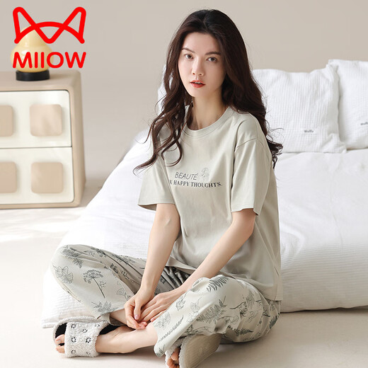 猫人（MiiOW）2025年新款睡衣女士夏季纯棉短袖长裤可外穿休闲品牌家居服套装 YZT9716 M 【建议80-100斤穿】