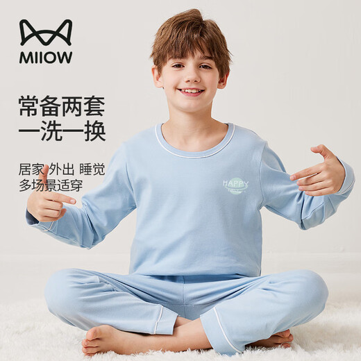 Gato hombre niño pijamas niños pijamas algodón puro manga larga primavera y otoño medio y niño grande ropa casera azul gris 150