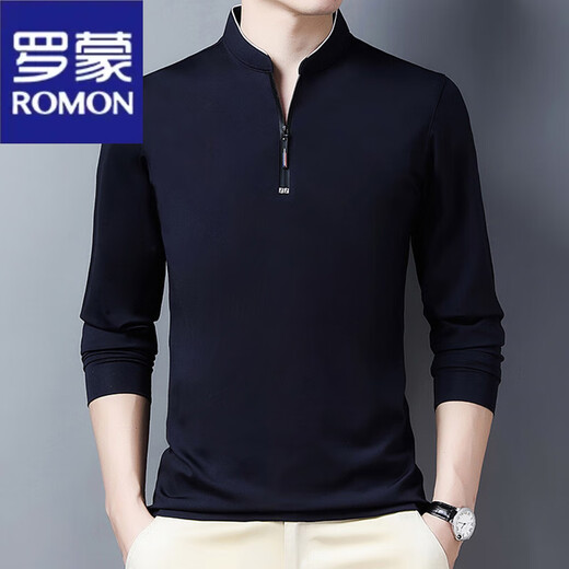 罗蒙（ROMON）中年男土长袖t恤小立领纯棉中老年人半袖全棉薄款父亲半拉链体恤 6623玫红 M 165