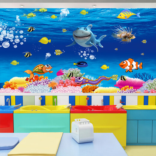 Sticker 3d three-dimensional paste underwater world 3d wall sticker mother and baby swimming pool background wall self-adhesive mural QT-3523 Ultra small: width 90cm * height 60cm (whole picture)