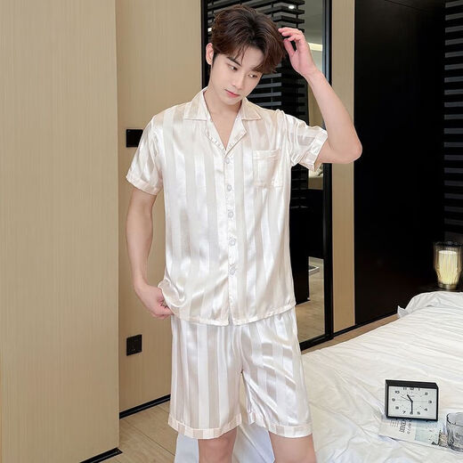 Herren-Pyjamas kurzärmelige Eisseide-Sommershorts für Teenager und männliche Studenten können Hauskleidung mit SX-679 Herren Champagner Muster XL [110-130jin [Jin gleich 0,5 kg]] tragen]