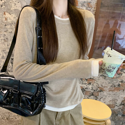 Red Dragonfly T-shirt Women's Long Sleeve Knitted Sweater Relaxed 2025 New Round Neck Bottoming Shirt Lazy Sweater Fake Two-piece Top Oatmeal Color One Size One Size Recommended 80-130 Jin Jin equals 0.5 kg