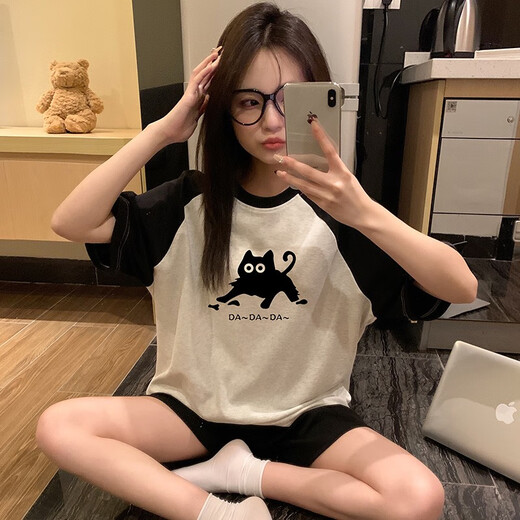 芬腾（FENTENG）睡衣女士夏季短袖短裤纯棉两件套装卡通可爱帕恰狗学生夏天家居服 ws-719#格子模糊猫 M