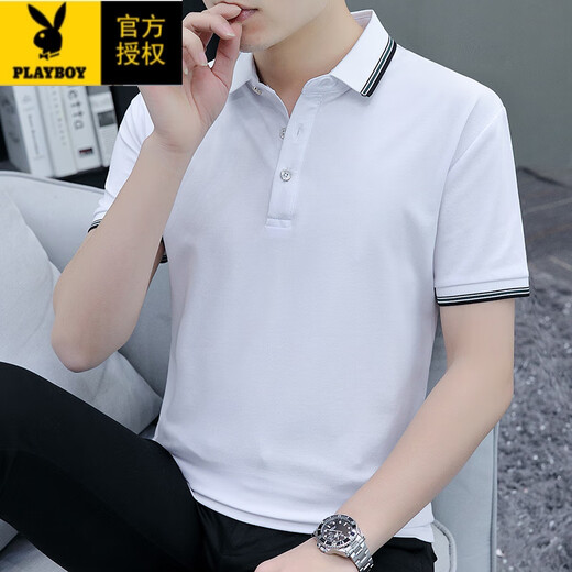 花花公子（PLAYBOY）2025新款夏季男士短袖t恤翻领珠地棉半袖Polo.衫休闲简约男上衣服 SKY-5012-白色 XL 120-135斤