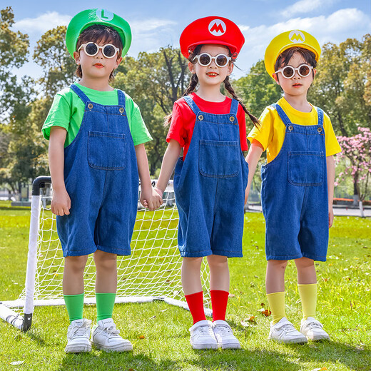 Kaikaijia children's performance clothing kindergarten cos Mary Mario overalls suit boys and girls performance clothing children red short-sleeved + denim short overalls free socks of the same color 100cm suitable for heights below 90cm