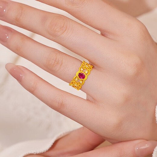 Chiba Jewelry Gold Pure Gold Cultured Ruby and Moissanite Ring Elegant Retro Hand Jewelry Girl Birthday Gift for Girlfriend Pure Gold Ring/Support More Refund or Less Replenishment 4.31g No. 12