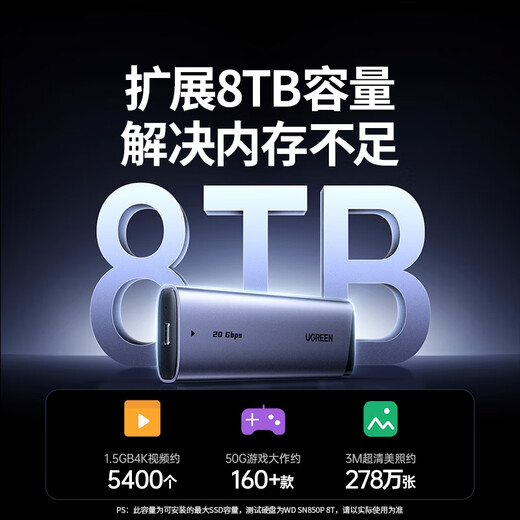 绿联M.2 NVMe/SATA固态移动硬盘盒20Gbps USB4硬盘盒40Gbps 兼容雷电3/4适用苹果Macmini笔记本SSD固态 M.2 NVMe/SATA【20Gbps】双线款