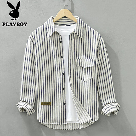 花花公子（PLAYBOY）长袖条纹衬衫男生休闲纯棉衬衣春秋季新款潮流时尚青少年牛仔外套 6625浅绿 L