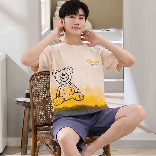 Moxiao vest shorts sleeveless cotton pajamas men's summer student home clothes spring and summer suit summer plus thin cotton vest shorts: 1365 coffee bear M teenage version: 60-75 Jin [Jin equals 0.5 kg] high 150