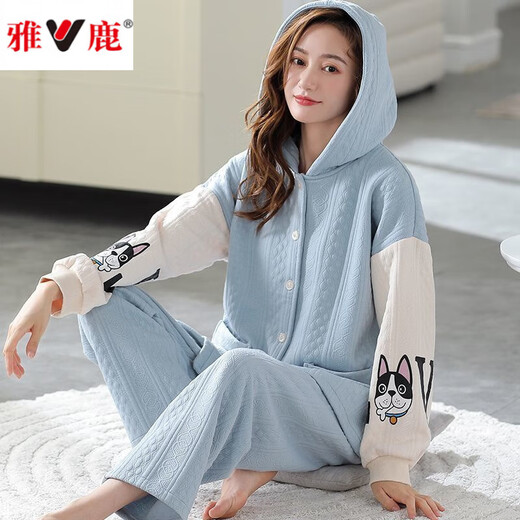 雅鹿女秋冬季纯.棉薄款夹棉2025年新款夹层空气棉家居服可外穿套装 XP4859 L码【100-120斤】