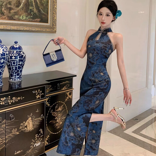 Feiyao cheongsam new Chinese style national style satin print improved cheongsam sleeveless slim waist sexy dress long skirt dark blue S length 105cm, bust 80cm