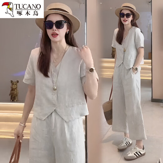 Woodpecker Ramie Set Women's Summer 2025 New Fashionable y reducción de la edad reductora de la edad Camisa de la línea de adelgazamiento Pantalones de piernas anchas dos paquetes Color caliente S [sugerido 95Jin [Jin iguala 0.5 kg]]]