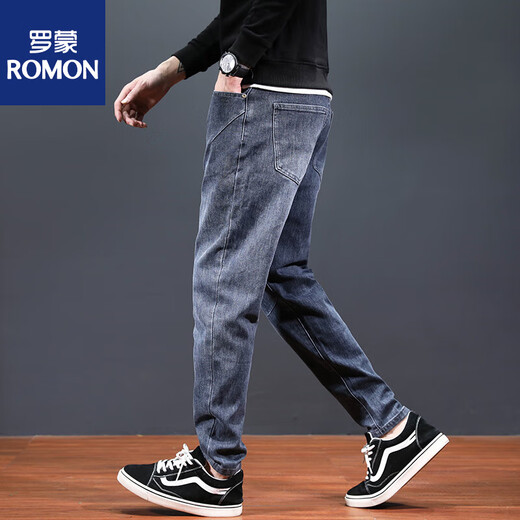 Romon Pants Men's Deal Brand 2025 Summer Fin Jeans Fashion Mass's Fashion Straight Fashion Harem pantalones Black and Gray (RJS1-2209) 34 (Espera circunferencia 2 pies 7)