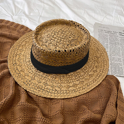 
Jin[Jin equals 0.5 kg] Muda Head Wing Straw Hat Women 2025 New French Flat Top Sun Protection Hat Seaside Holiday Knit Hollow Top Hat Large Size Hollow Concave Top Straw Hat [G39 Khaki Black Belt]