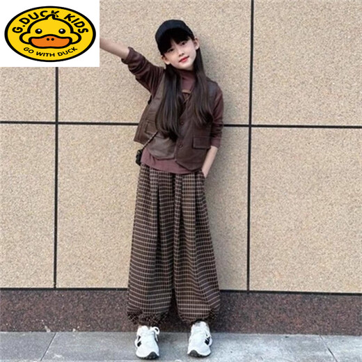 G.duck bombs the street parent-child clothing, mother and daughter clothing, spring and autumn loose-fitting suits, stylish vest, bottoming shirt, T-shirt, plaid pants, three-piece trendy vest + bottoming shirt + pants 165 Adult S size recommended weight 98-110 Jin Jin is equal to 0.5 kg Left
