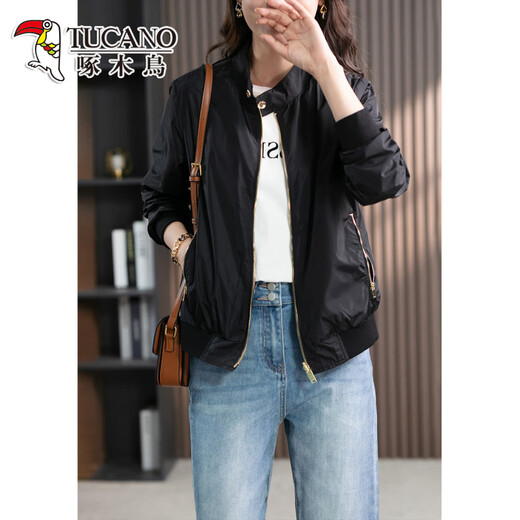 啄木鸟品牌女装夹克短外套春秋减龄休闲棒球服 黑色 XL 【建议115-125斤】