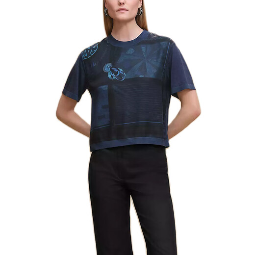 爱马仕（HERMES）女装Twillaine毛衣Coloriages de Jour印花丝绸短袖套头衫25新款 深蓝色 34