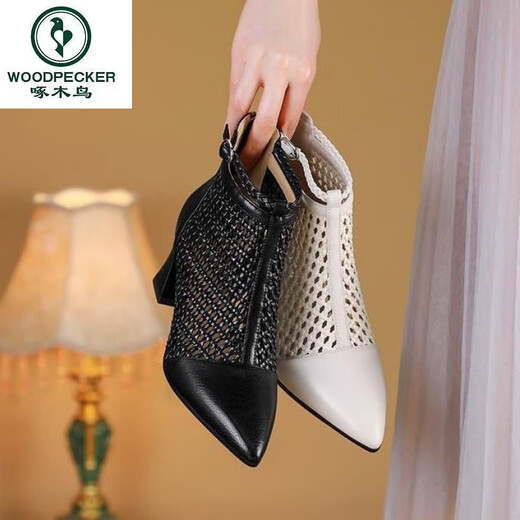 
Woodpecker 2025 new high heeled sandals braided temperament pointed toe thick heeled sandals women's mesh boots summer mesh women's shoes black 38