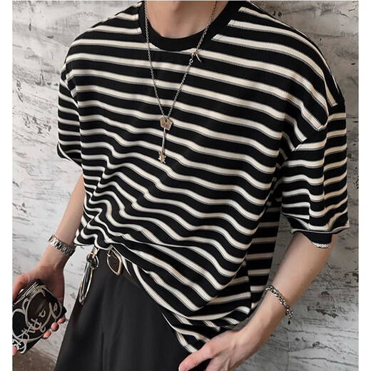 Poum Schwarz-Weiß gestreifter runder Nacken kurzärmelige Sommer- und Herbstkoreanische Version Einfacher grundlegender T-Shirt Casual Lose vielseitig Top YTFS-6627 Black M.