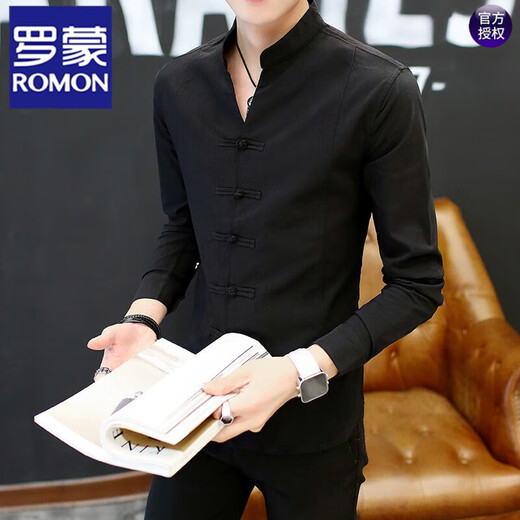 
ROMON Chinese style shirt men's long-sleeved retro men's shirt stand collar Tang suit handsome spring and autumn thin casual white 9905 black M