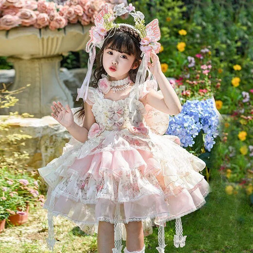 
Mikoshan girl Lolita Princess Dress Summer New Style Monet Garden Dress Flower Fairy Lolita Skirt [No Accessories] Pink + bow tail 140