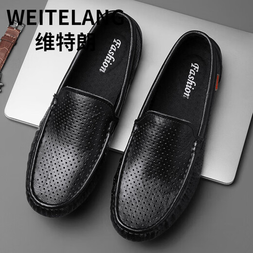 Weitelang Victory Summer Herrenschuhe Hohlbohnenschuhe Herren atmungsablöschbarer Sohle lässige Lederschuhe Ein-Fuß-Loaf-Schuhe 9901a-Black 38