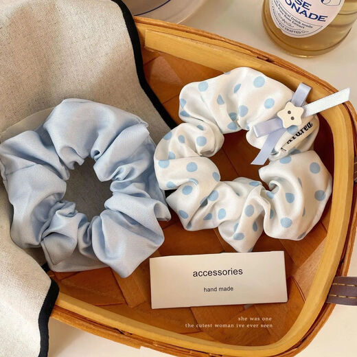 CHANSUNRUN Korean style blue polka dot large intestine hair ring for women with a high-end feel, lazy style, low ponytail hair accessories, simple headband, sea salt blue 4-piece set