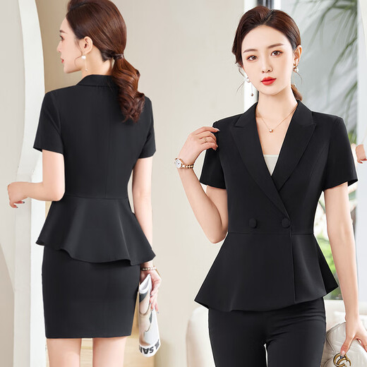 
Poresno Hotel foreman high-end work clothes, beauty professional suit set, women's summer thin short-sleeved suit, front desk work suit 6629 black suit + pants for suspenders XL recommendation 107-117Jin [Jin equals 0.5 kg] Universal size