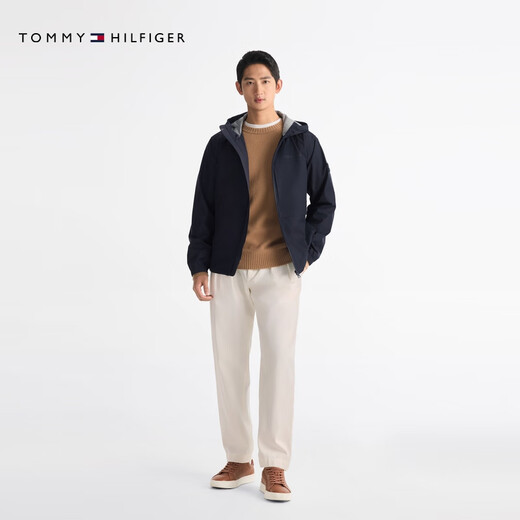 TOMMY HILFIGER25 new spring and summer men's windproof and waterproof casual sports trendy textured wear-resistant hooded jacket navy blue DW5 M (recommended 135-150Jin Jin equals 0.5kg)