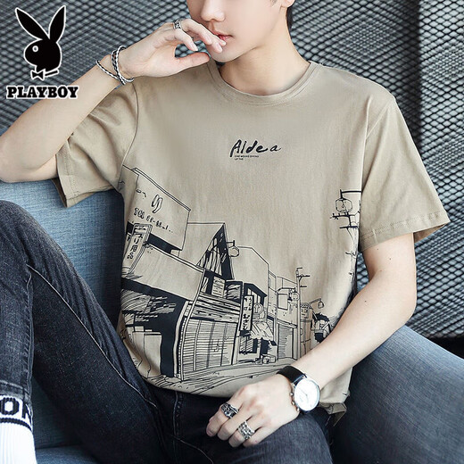 Playboy (PLAYBOY) pure cotton short-sleeved T-shirt for men 2025 new half-sleeved T-shirt loose trendy summer men's top Z829 gray 2XL [Suggested 143-158Jin [Jin equals 0.5 kg]]