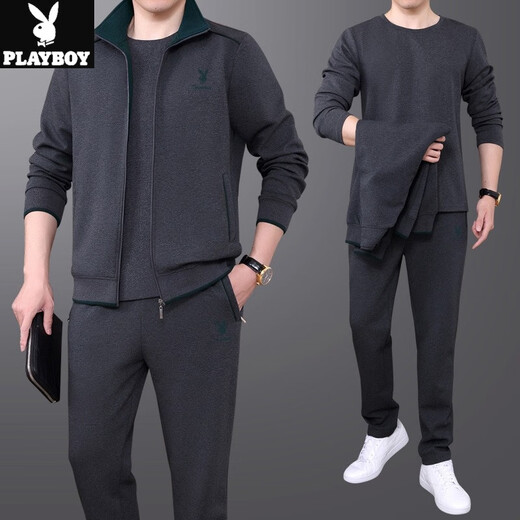 花花公子运动套装中老年男士三件套2025春秋季新款跑步服爸爸装运动外套 3937-灰色【三件套】 XL(建议120-140斤左右)
