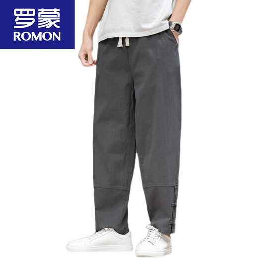 ROMON Chinese style folding linen men's pants summer loose harem pants Tang suit cotton linen casual pants straight trousers white [MK983 striped style] M -120Jin [Jin equals 0.5 kg]