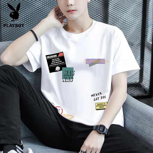 Playboy (Playboy) Sommer Pure Cotton Kurzärmer T-Shirt Herren-Trendmarke Lose und vielseitige Teenager mittlere und Highschool-Schüler mit halbem Ärgernis mit großen Kindern Kleidung T9902 Weiß M 80-100jin [Jin gleich 0,5 kg] kann getragen werden
