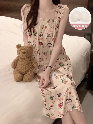 睡裙女夏季自带胸垫冰丝凉感吊带睡衣夏天女士甜美可爱家居服春秋 1355可拆卸胸垫# M 75-100斤