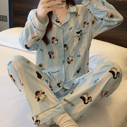 
Cloud Cotton Pajamas Women's Two-Piece Set Spring and Autumn Summer Thin Long Sleeve Student Cartoon Cute Sweet Home Clothing 3524 Blue Penguin XL 115-130Jin [Jin equals 0.5 kg]